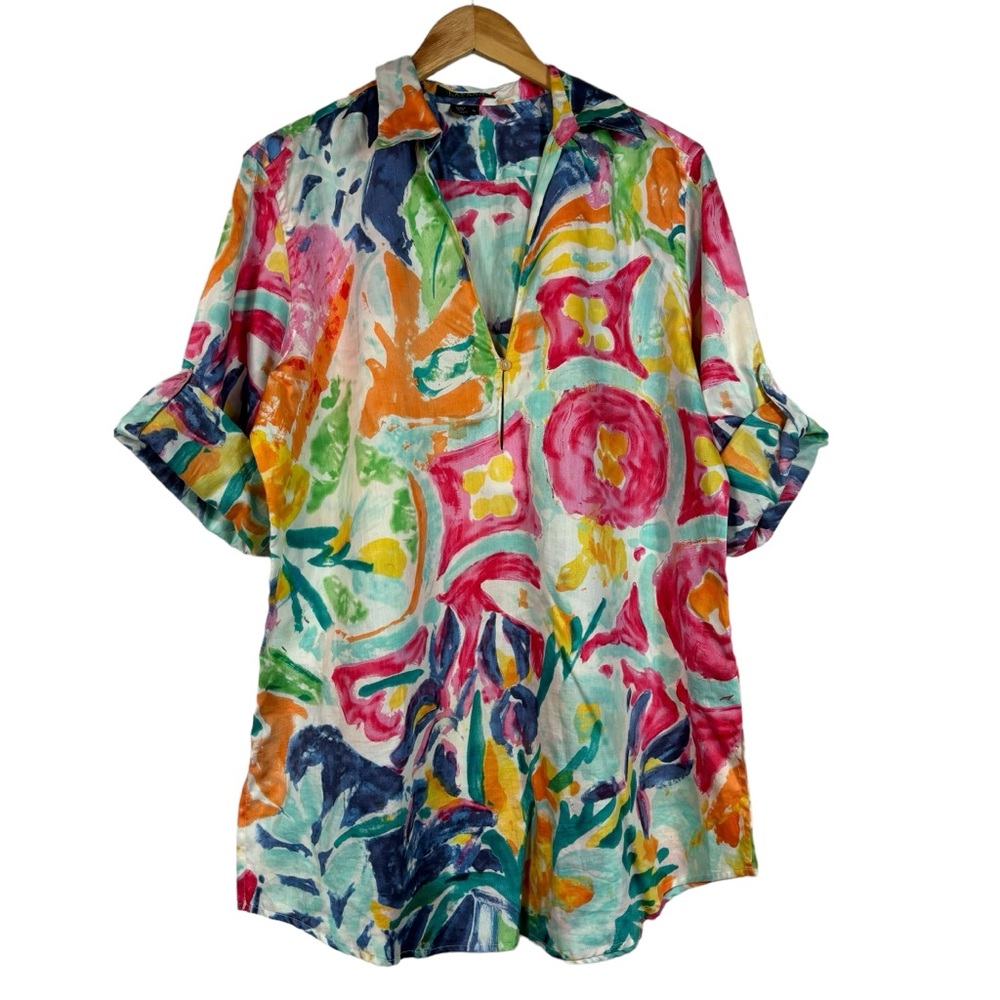 Ralph Lauren Cotton Watercolor Colorful Roll Tab Sleeve Shirt Tunic Women's XL